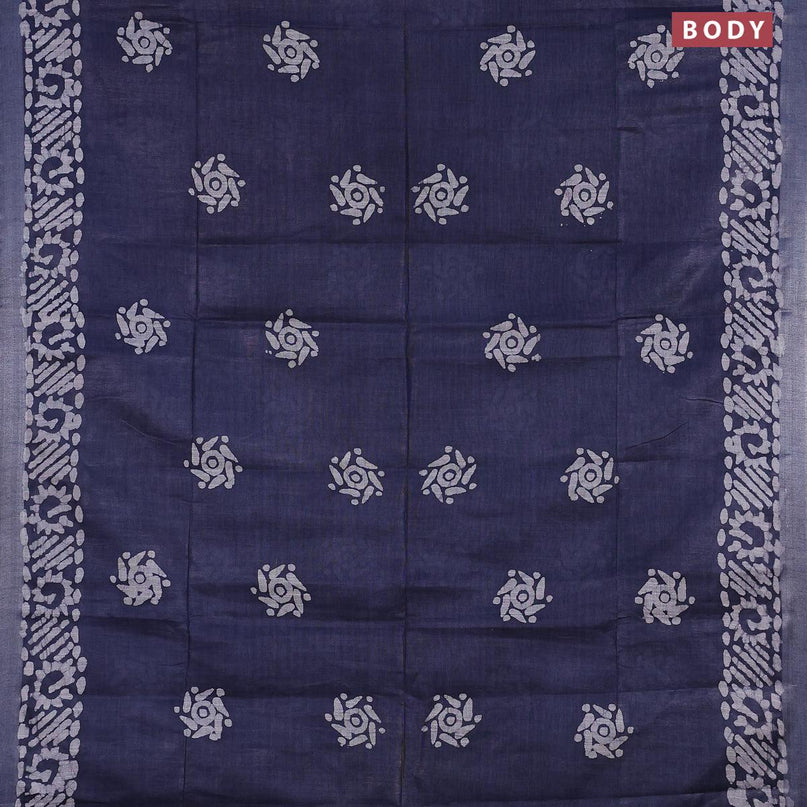 Linen cotton saree grey with allover batik butta prints and silver zari woven border