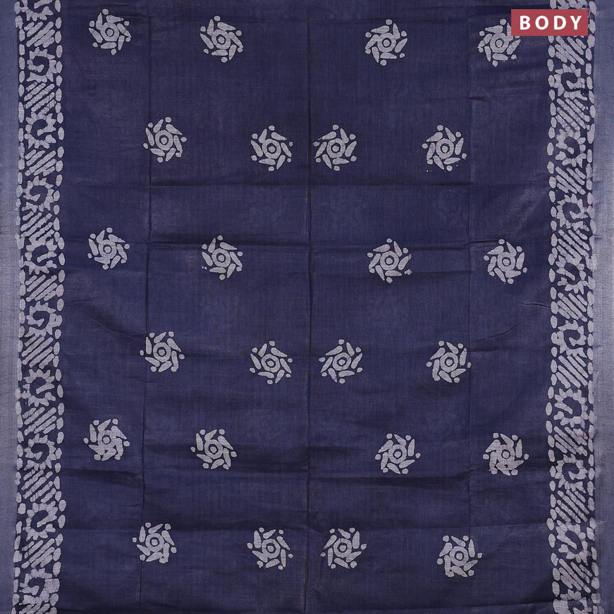 Linen cotton saree grey with allover batik butta prints and silver zari woven border