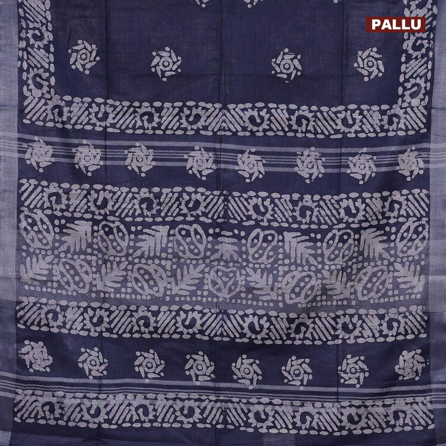 Linen cotton saree grey with allover batik butta prints and silver zari woven border