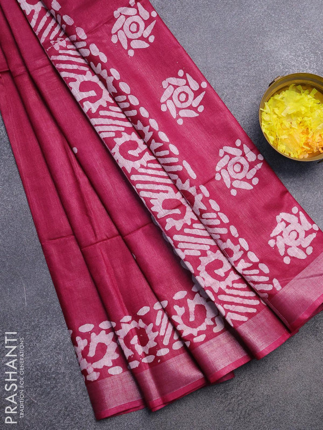 Linen cotton saree dark magenta with allover batik butta prints and silver zari woven border