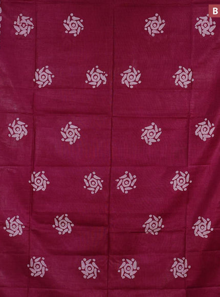 Linen cotton saree dark magenta with allover batik butta prints and silver zari woven border