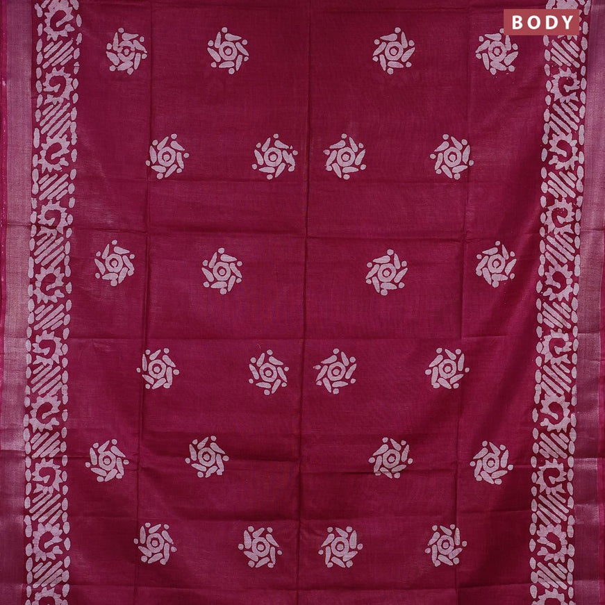 Linen cotton saree dark magenta with allover batik butta prints and silver zari woven border