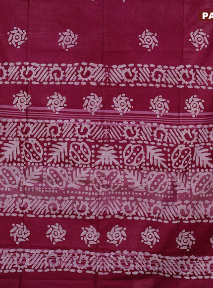 Linen cotton saree dark magenta with allover batik butta prints and silver zari woven border