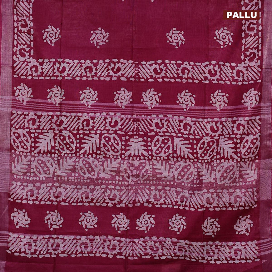 Linen cotton saree dark magenta with allover batik butta prints and silver zari woven border