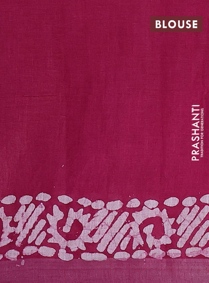 Linen cotton saree dark magenta with allover batik butta prints and silver zari woven border