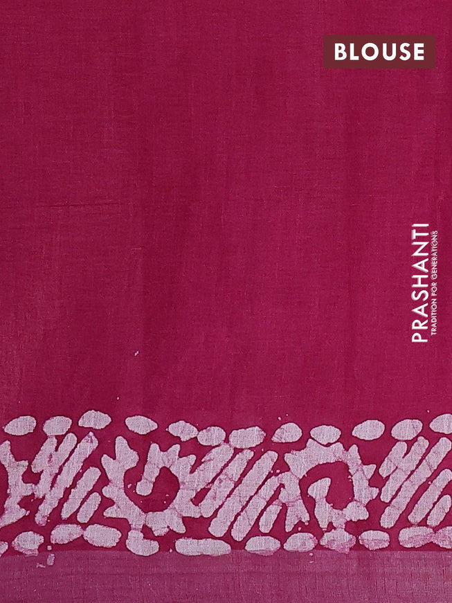 Linen cotton saree dark magenta with allover batik butta prints and silver zari woven border