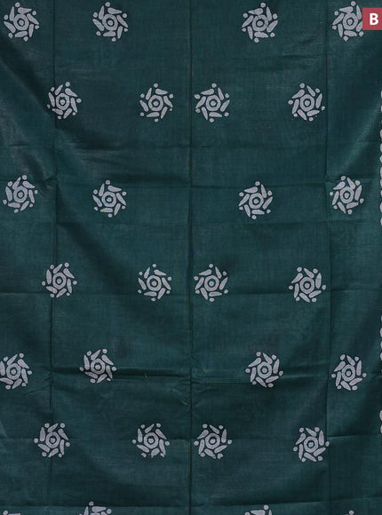 Linen cotton saree green with allover batik butta prints and silver zari woven border