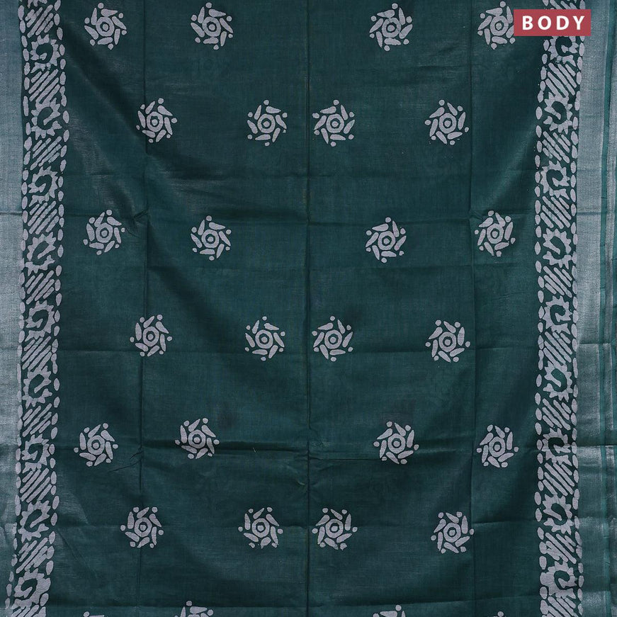 Linen cotton saree green with allover batik butta prints and silver zari woven border