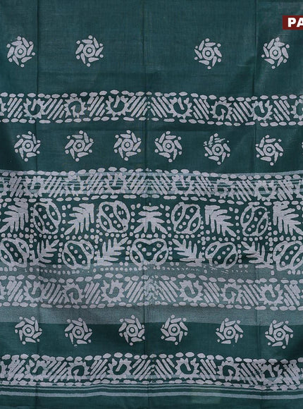 Linen cotton saree green with allover batik butta prints and silver zari woven border