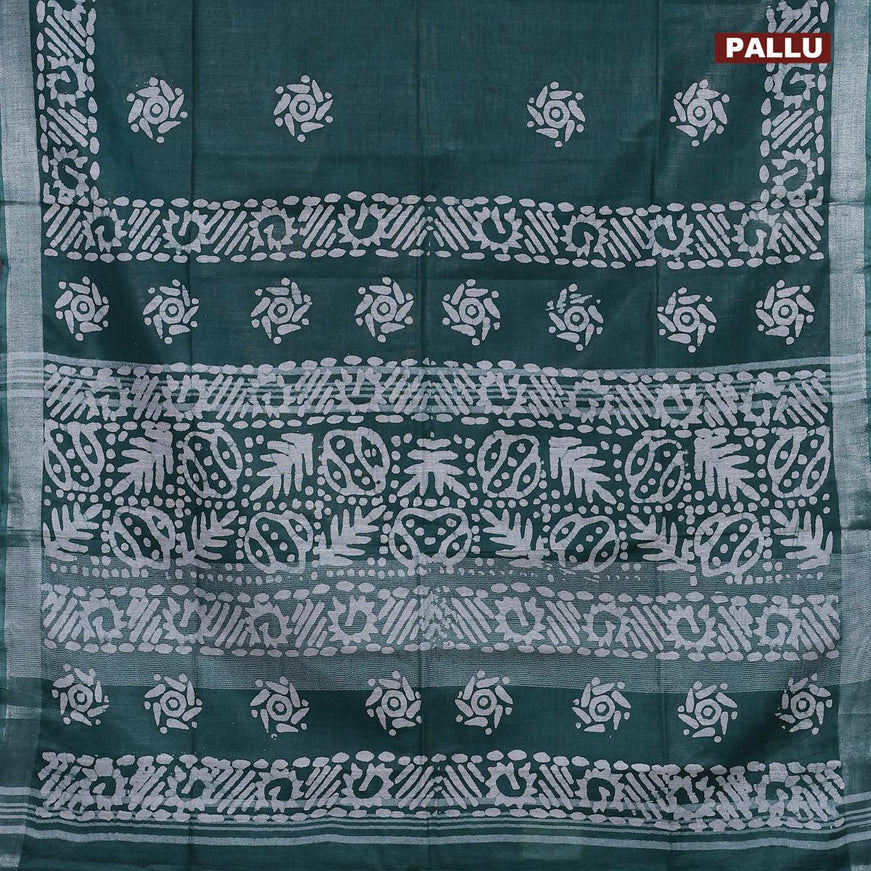 Linen cotton saree green with allover batik butta prints and silver zari woven border