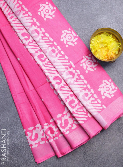 Linen cotton saree pink with allover batik butta prints and silver zari woven border