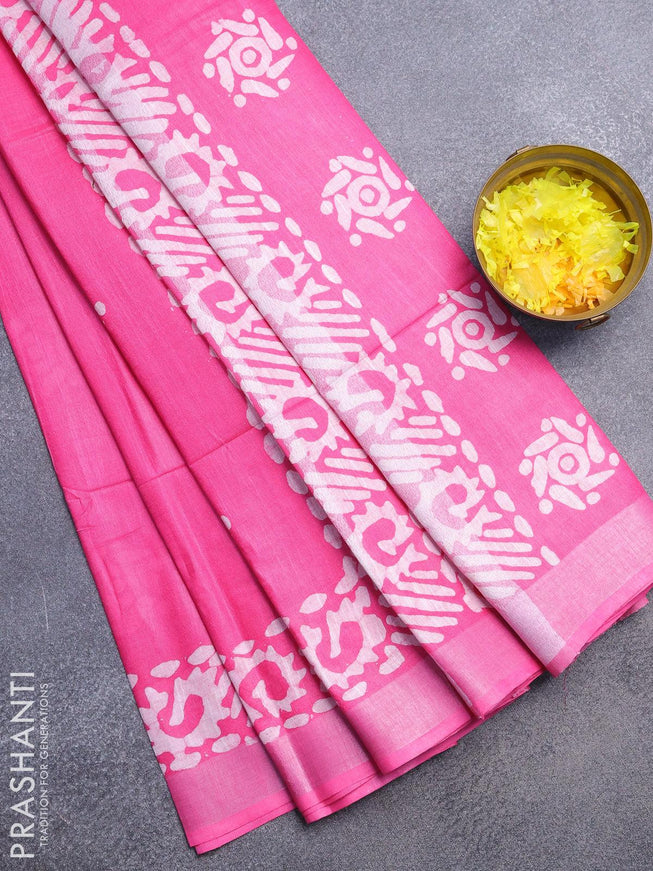 Linen cotton saree pink with allover batik butta prints and silver zari woven border