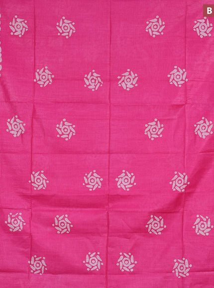 Linen cotton saree pink with allover batik butta prints and silver zari woven border