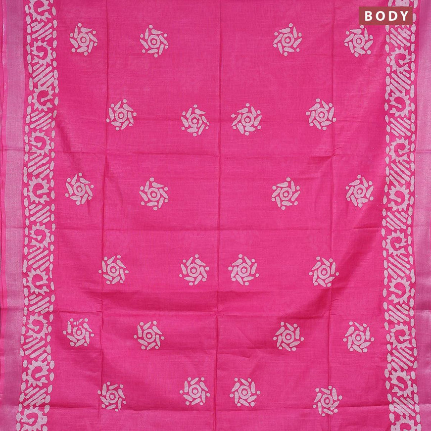 Linen cotton saree pink with allover batik butta prints and silver zari woven border