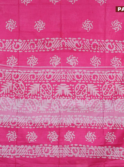 Linen cotton saree pink with allover batik butta prints and silver zari woven border