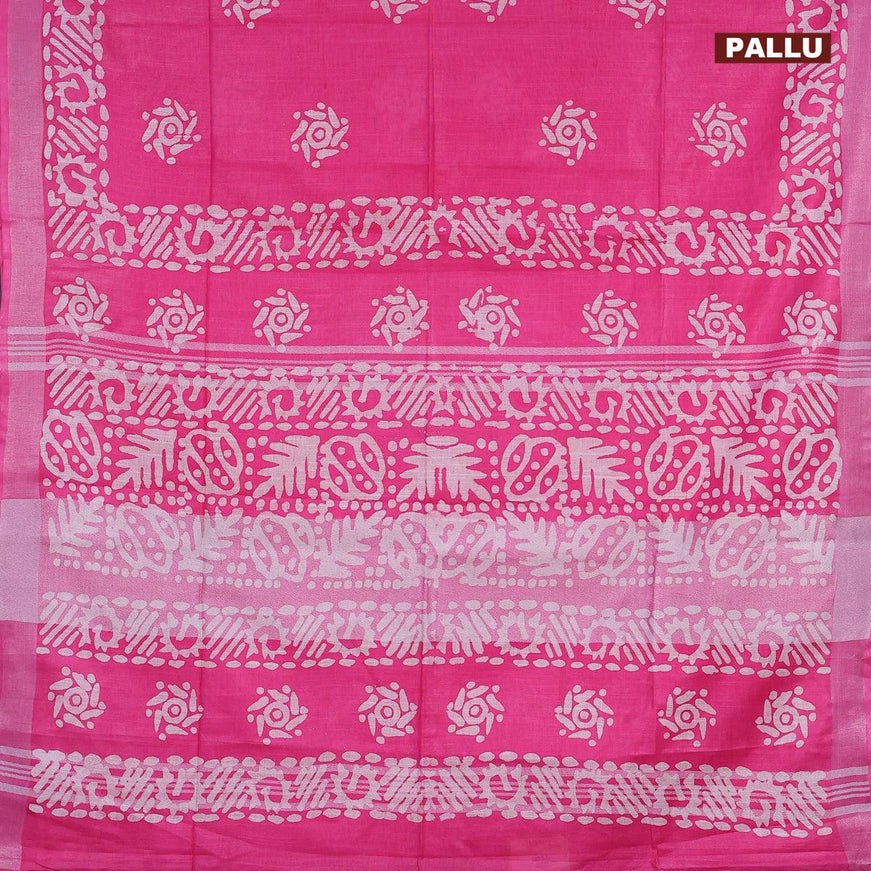 Linen cotton saree pink with allover batik butta prints and silver zari woven border