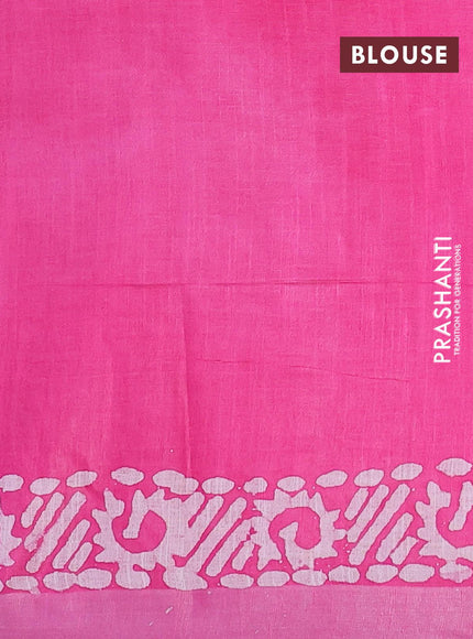 Linen cotton saree pink with allover batik butta prints and silver zari woven border