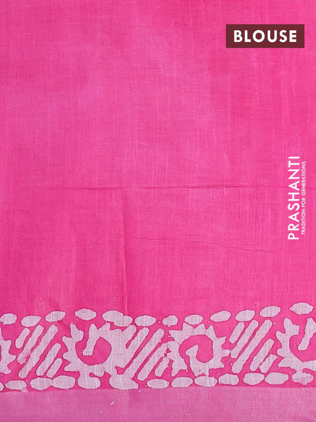 Linen cotton saree pink with allover batik butta prints and silver zari woven border