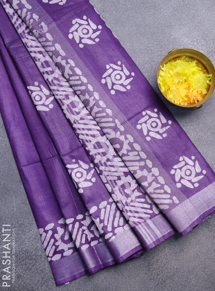 Linen cotton saree deep violet with allover batik butta prints and silver zari woven border