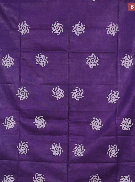 Linen cotton saree deep violet with allover batik butta prints and silver zari woven border