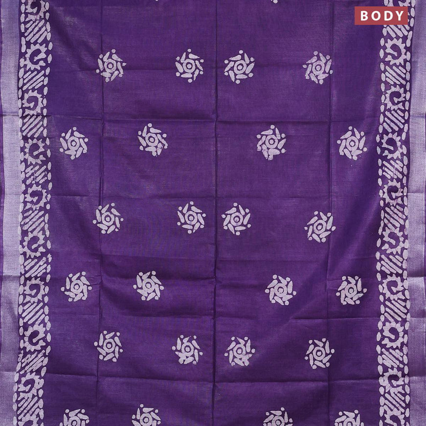 Linen cotton saree deep violet with allover batik butta prints and silver zari woven border