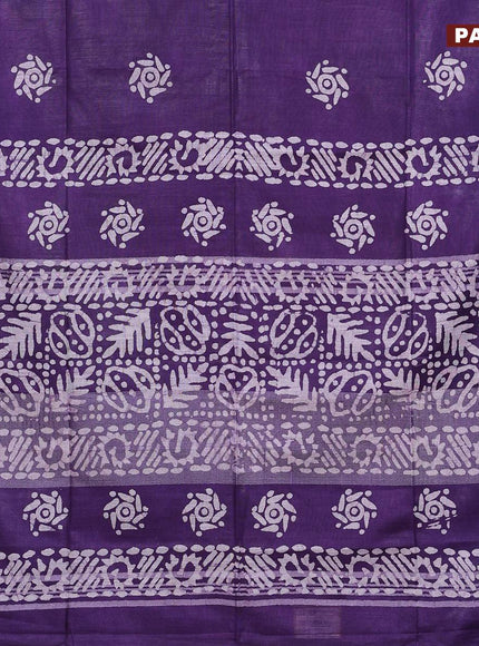 Linen cotton saree deep violet with allover batik butta prints and silver zari woven border