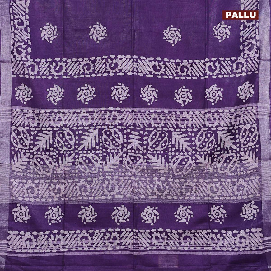 Linen cotton saree deep violet with allover batik butta prints and silver zari woven border