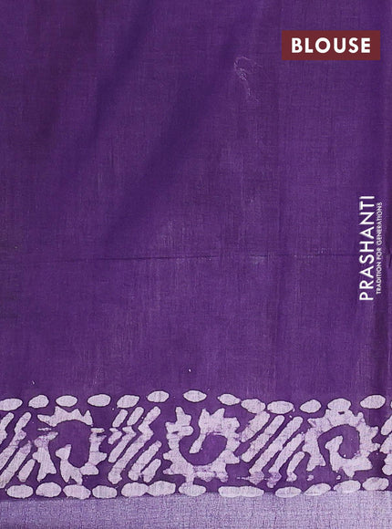 Linen cotton saree deep violet with allover batik butta prints and silver zari woven border