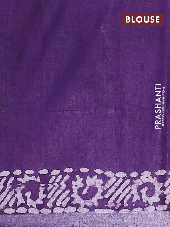 Linen cotton saree deep violet with allover batik butta prints and silver zari woven border