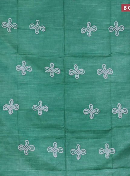 Linen cotton saree green with allover batik butta prints and silver zari woven border