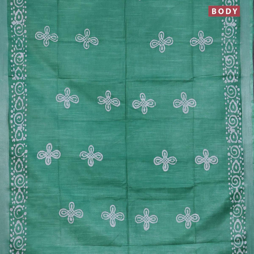 Linen cotton saree green with allover batik butta prints and silver zari woven border