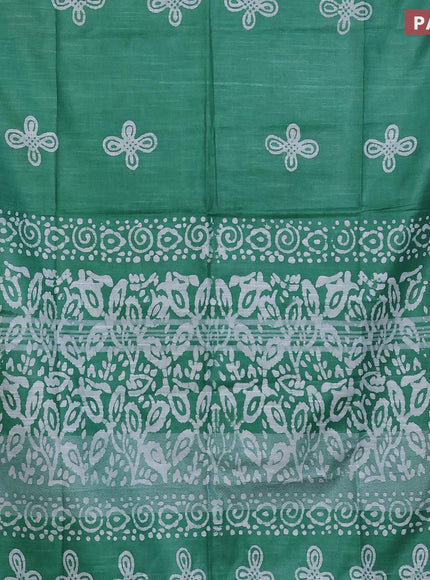 Linen cotton saree green with allover batik butta prints and silver zari woven border