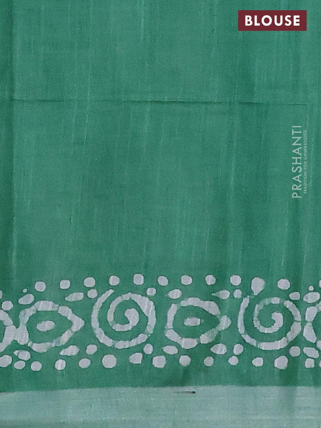 Linen cotton saree green with allover batik butta prints and silver zari woven border