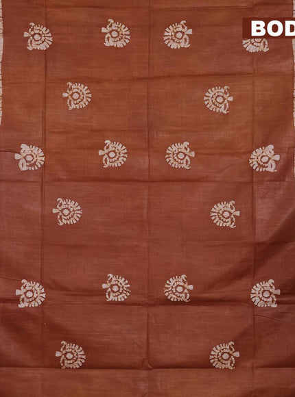 Linen cotton saree brown shade with allover batik butta prints and silver zari woven border