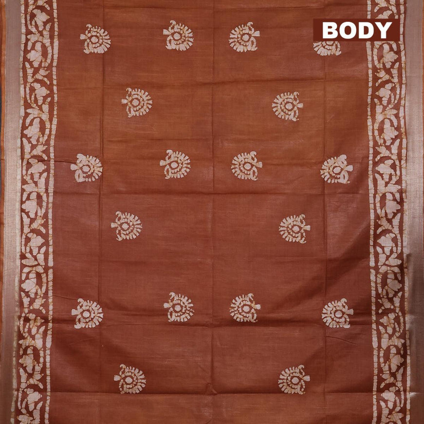 Linen cotton saree brown shade with allover batik butta prints and silver zari woven border