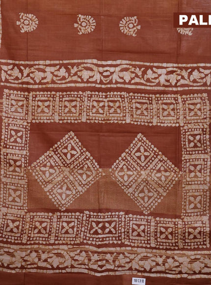 Linen cotton saree brown shade with allover batik butta prints and silver zari woven border