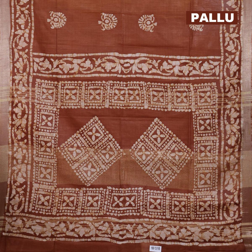 Linen cotton saree brown shade with allover batik butta prints and silver zari woven border