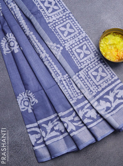 Linen cotton saree grey with allover batik butta prints and silver zari woven border