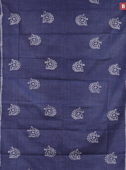 Linen cotton saree grey with allover batik butta prints and silver zari woven border