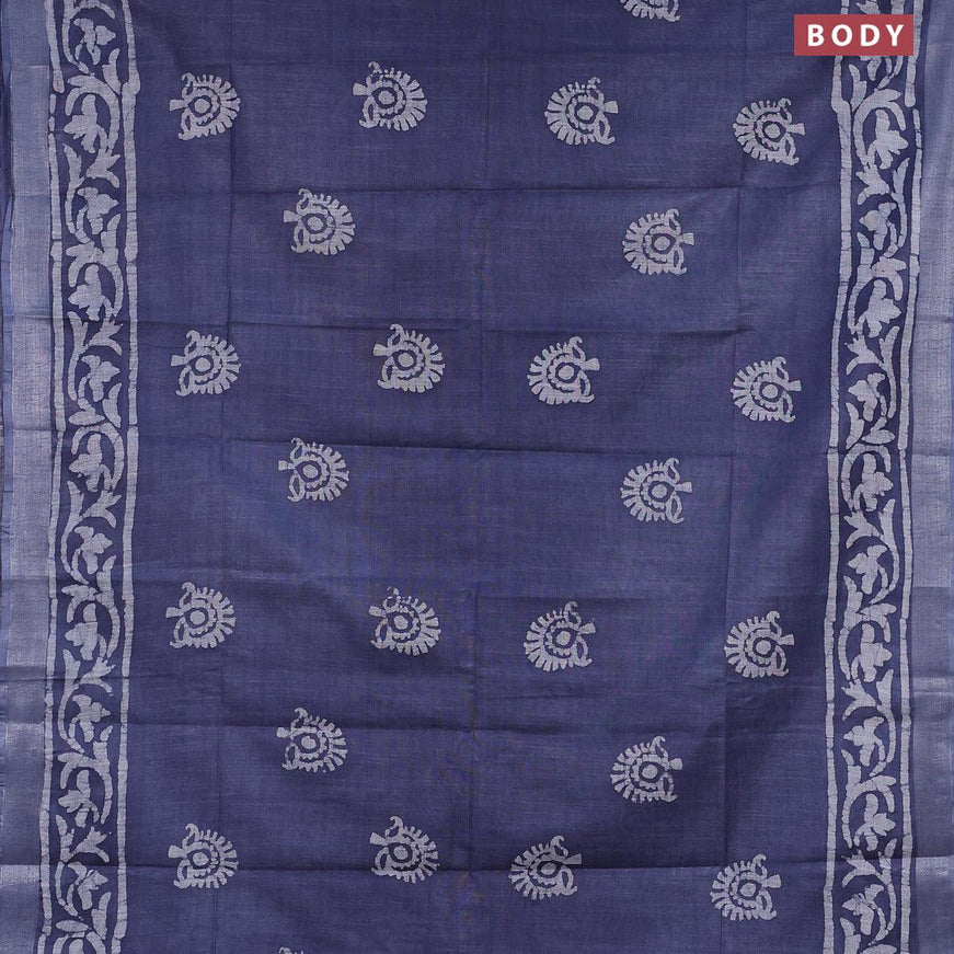 Linen cotton saree grey with allover batik butta prints and silver zari woven border