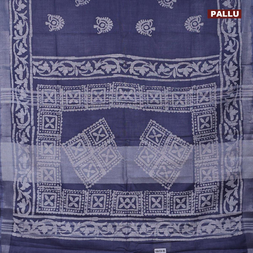 Linen cotton saree grey with allover batik butta prints and silver zari woven border