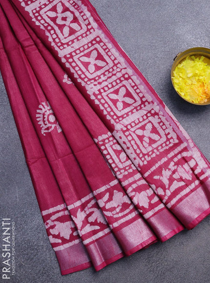 Linen cotton saree magenta pink with allover batik butta prints and silver zari woven border