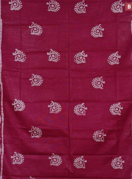 Linen cotton saree magenta pink with allover batik butta prints and silver zari woven border