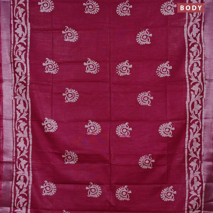 Linen cotton saree magenta pink with allover batik butta prints and silver zari woven border