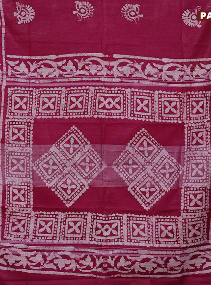 Linen cotton saree magenta pink with allover batik butta prints and silver zari woven border