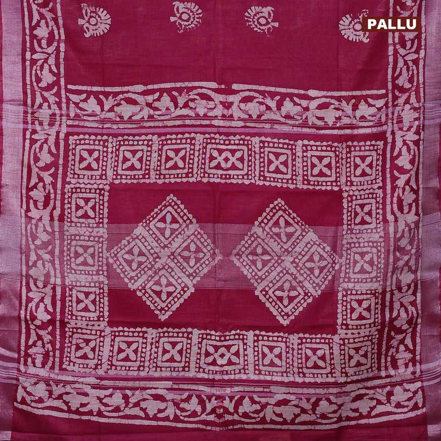 Linen cotton saree magenta pink with allover batik butta prints and silver zari woven border