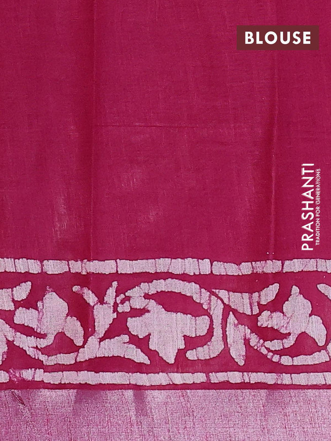 Linen cotton saree magenta pink with allover batik butta prints and silver zari woven border