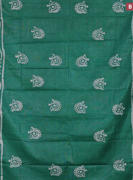 Linen cotton saree green with allover batik butta prints and silver zari woven border