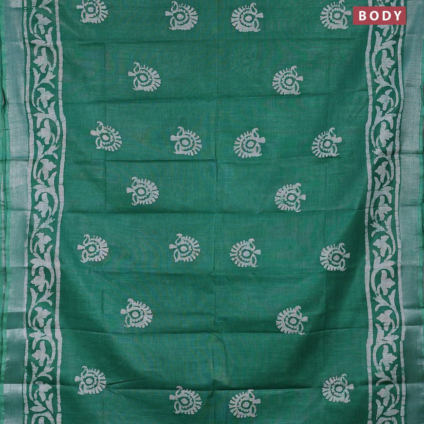 Linen cotton saree green with allover batik butta prints and silver zari woven border