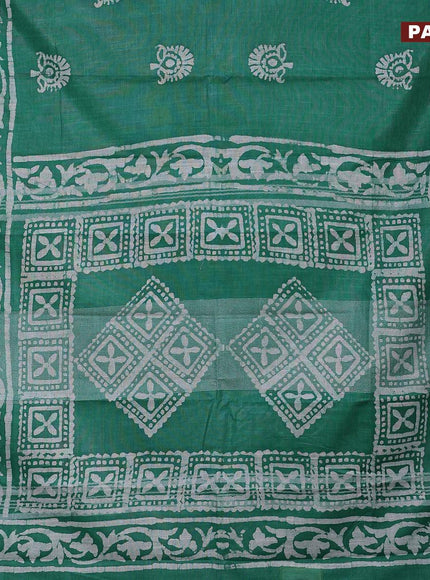 Linen cotton saree green with allover batik butta prints and silver zari woven border